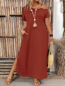 SHEIN PETITE CURVE Đầm đơn giản màu trơn dành cho nữ cỡ lớn, thích hợp mặc hàng ngày, kiểu maxi cho Lễ Tạ ơn, hở vai, trang phục mùa hè cho nữ. - gừng - Xem 3