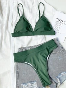 SHEIN Swim Triangle High Waisted Bikini,Summer Beach - Green - View 7