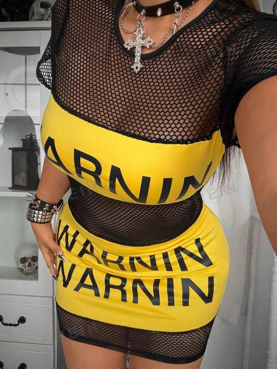 Whyspr Plus Size Spring/Summer Punk Style Mesh Hollow-Out Patchwork Letter Print Dress Gym Brown - Black - View 1