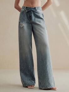 Anewsta Women's Fashion Rhinestone Embellished Straight Leg Pants - Blue - View 4