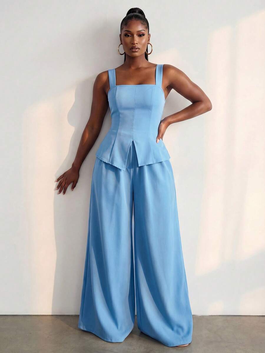 BamGleam Conjunto de 2 piezas de top de tirantes y pantalones de unicolor casual de verano para mujer - Azul - Ver 1
