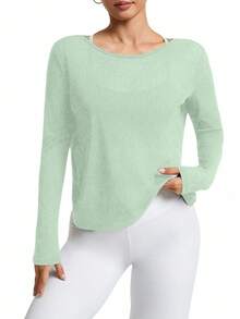 SHEIN Sports 女士休闲纯色露背长袖运动T恤 - 薄荷綠 - 查看 2