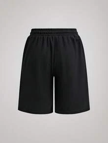 Officeau Pantalones cortos de carga negros para hombres con cordón de color contrastante, estilo callejero para el verano - Negro - Ver 2
