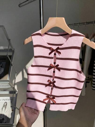 Comfortcana Women's Casual Minimalist Pink & Brown Striped Bow Decor Sleeveless Knit Top, Suitable For School Wear