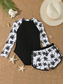 SHEIN 少女两件套泳衣，时尚优雅的棕榈树印花针织上衣（带拉链）和泳裤，适合游泳、夏季度假、海滩、泳池、节日派对等场合。 - 黑與白 - 查看 3