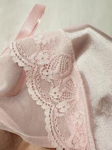 DelicateAllure Sexy Sheer Mesh Robe, Lace Patchwork Satin Mesh Nightgown, Solid Color 2-Piece Sleepwear Set For Plus Size Women - Baby Pink - View 12