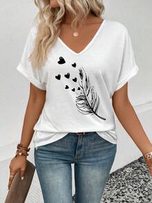 EMERY ROSE Women's V-Neck Short Sleeve Turnover Cuff Feather Print Casual Versatile T-Shirt, Spring/Summer - White - View 6