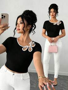 Elenzga Áo thun ngắn tay nữ cỡ lớn phối màu, kiểu dáng thường ngày, đa năng, thích hợp mặc hàng ngày. - Đen và trắng - Xem 1