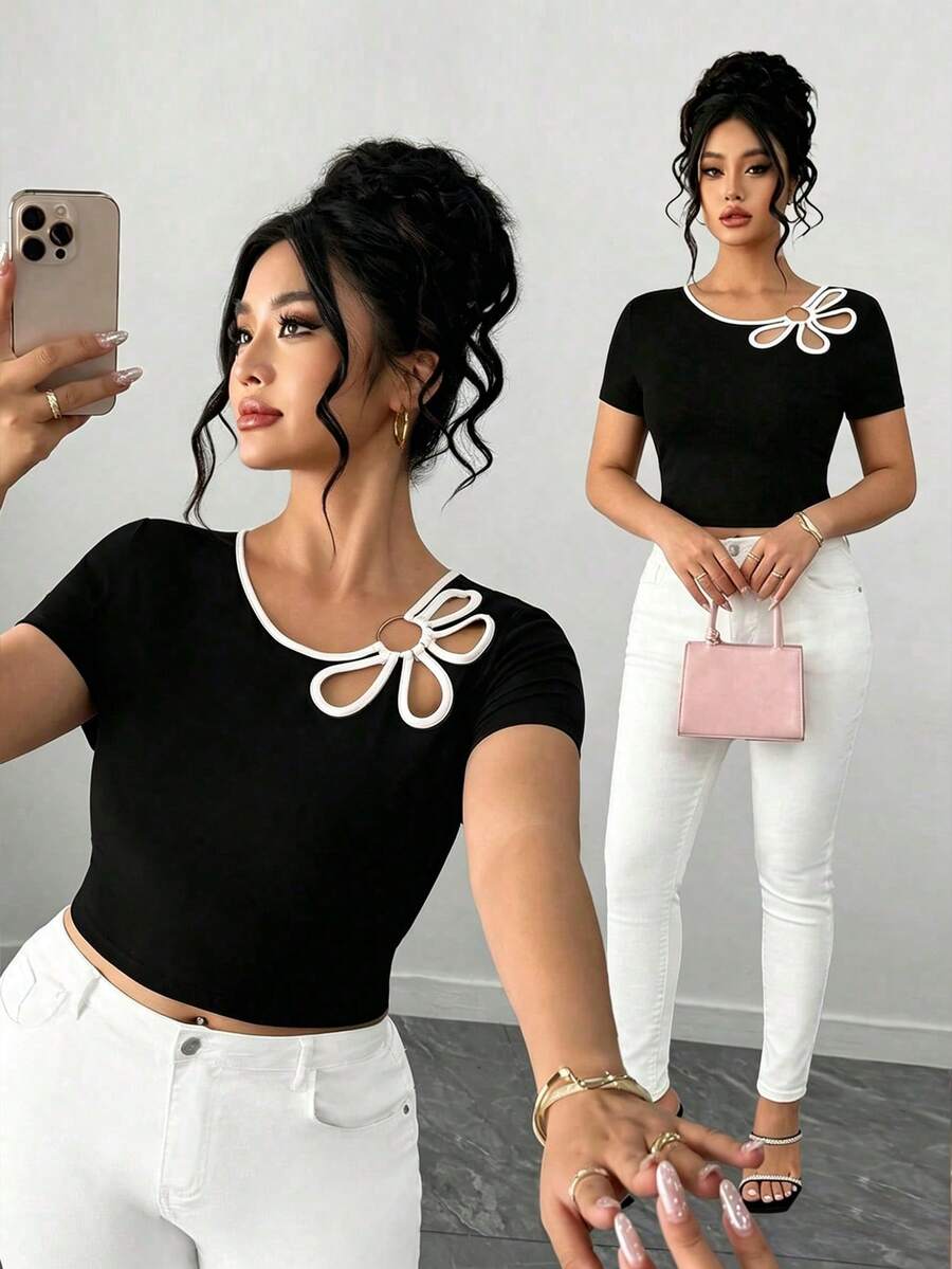 Elenzga Áo thun ngắn tay nữ cỡ lớn phối màu, kiểu dáng thường ngày, đa năng, thích hợp mặc hàng ngày. - Đen và trắng - Xem 1