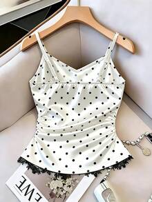 Franclia Satin Polka Dot Print Waist Ruched Lace Trim Patchwork Blouse For Women - White - View 6