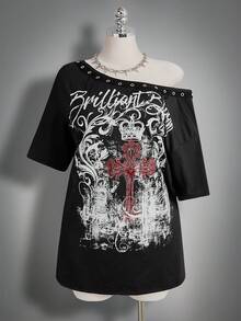 SHEIN ICON Robe T-shirt ample à épaule asymétrique et motif punk pour femmes grandes tailles - Noir - Voir 4