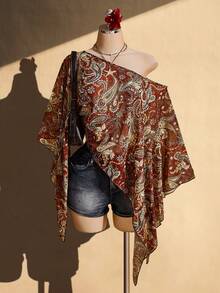 SHEIN ICON Áo khoác ngoài cỡ lớn dành cho nữ, in họa tiết paisley retro Y2K, cổ bất đối xứng. - Nhiều màu - Xem 3