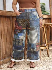 EMERY ROSE Plus Size Royal Blue Summer Boho 1950s Vintage 90s Vacation Jeans, Women's Elegant Casual Patchwork Wide Leg Denim, Distressed Printed Pants - Multicolor - View 1