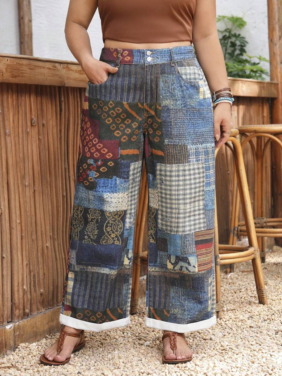EMERY ROSE Plus Size Royal Blue Summer Boho 1950s Vintage 90s Vacation Jeans, Women's Elegant Casual Patchwork Wide Leg Denim, Distressed Printed Pants - Multicolor - View 1