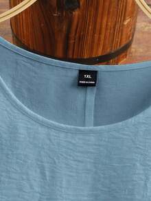 SHEIN LUNE CURVE 大码女式纯色圆领无袖休闲衬衫 - 淺藍色 - 查看 4