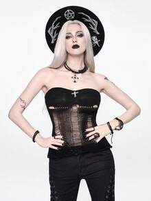 Goth 哥特式十字架镂空针织露脐上衣，带流苏 - 黑色 - 查看 1