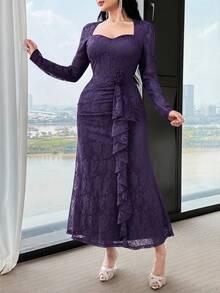 Feyla New Lace Waist Ruffle Floral Cinched Waist Elegant High-End Party Dress - Purple - View 4