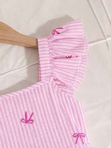 SHEIN 女童编织条纹蝴蝶结装饰荷叶边下摆休闲连体裤 - 粉色 - 查看 8