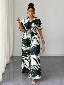 Maweii Plus Size Women Tropical Plant Print Short Sleeve Shirt And Pants Casual Suit - Apricot - View 5