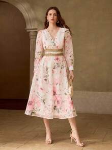 MOTF PREMIUM WOMEN'S V-NECK DITSY FLORAL WAIST CINCHED CONTRAST LACE DRESS - White - View 5