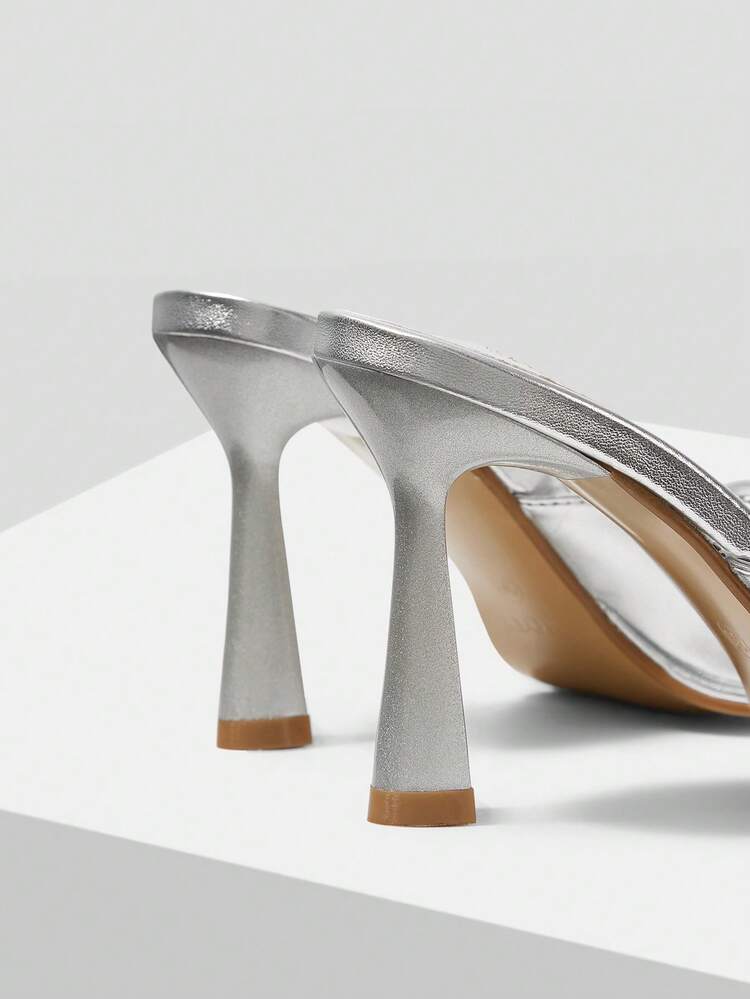 LADIES' NEW EUROPEAN AND AMERICAN POPULAR SHINY METAL BOW OPEN-TOED FRENCH SQUARE HEAD SEXY HIGH-HEELED SANDALS, SILVER TEMPERAMENT VERSATILE FASHION FAIRY SHOES, ONE PEDAL IS BEAUTIFUL, WITH SKIRT ELEGANT, SIMPLE AND HIGH-END SLIPPERS