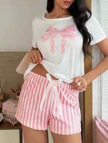 SHEIN 甜美条纹蝴蝶结装饰短袖女士睡衣套装 - 彩色 - 查看 4