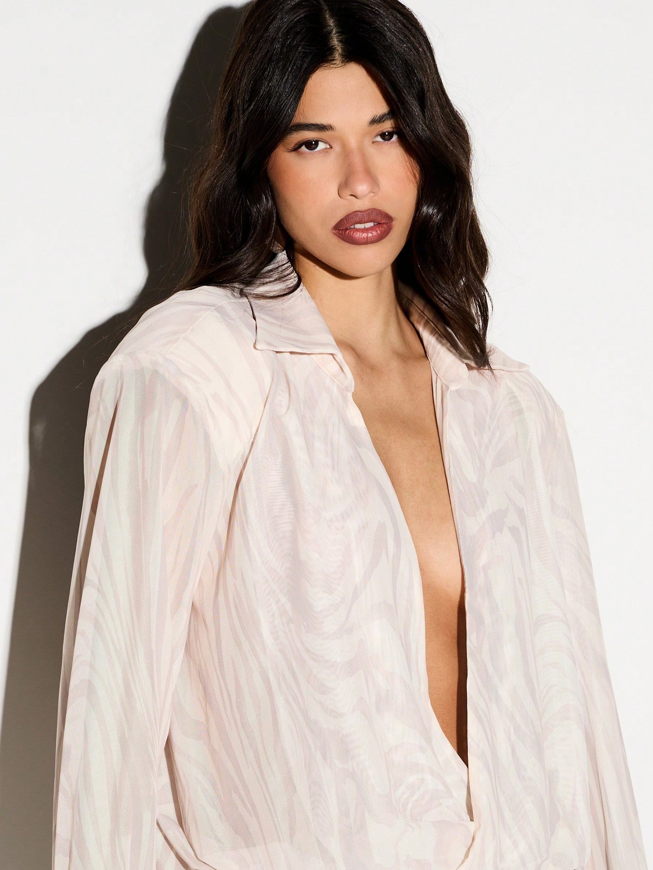 Mesh Sheer Bodysuit With Zebra Wood Pattern