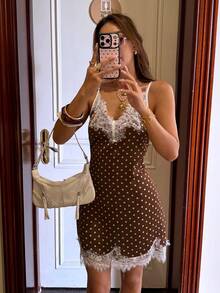 SHEIN Frenchy Women's Contrast Lace Polka Dot Print Spaghetti Strap Short Dress - Brown - View 2