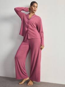 Ocili Soft Floral Print Pajama Set With Collar, Long Sleeve Top And Pants For Women - Red Violet - View 6