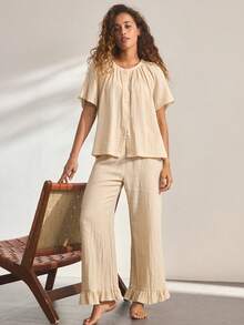 Ocili Bộ đồ ngủ nữ gồm quần dài tay lửng bằng vải crepe cotton mềm mại và cúc vỏ sò phía trước. - Màu Khaki - Xem 6