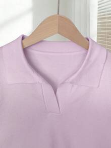 Franclia Women's Spring/Summer White Simple Casual Turndown Collar Raglan Short Sleeve Solid Color Fitted Knit Top, Plus Size - Purple - View 3