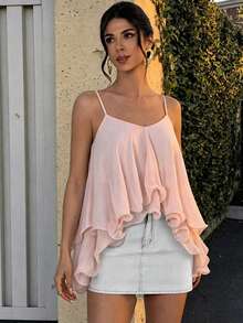 Firerie 女士优雅度假吊带衫，粉色雪纺宽松荷叶边下摆衬衫，适合海滩、度假、日常休闲通勤、夏季穿着 - 淺粉色 - 查看 4