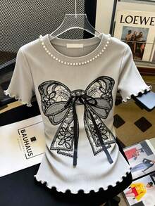 Everyssa Women's Bow Print Beaded Decorated T-Shirt - Grey - View 1