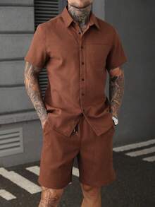 SLATEMANN Ensemble chemise à manches courtes et shorts de couleur unie décontracté pour hommes, convient pour les déplacements quotidiens en été - Tabac - Voir 6
