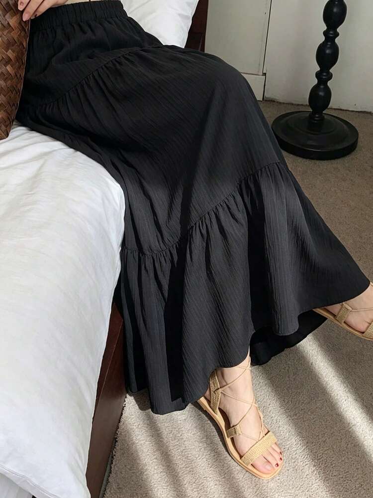 Women's Casual Solid Color Ruffle Hem Textured A-Line Skirt Business Casual Woman