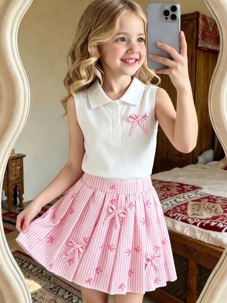 Elladie kids 女童春夏新款Polo衫套装，正面蝴蝶结设计，白色纽扣半开领针织上衣，搭配粉色蝴蝶结装饰，条纹印花百褶裙，面料柔软舒适，适合女童日常外出、聚会、度假等场合，可爱优雅的韩版风格，休闲时尚。