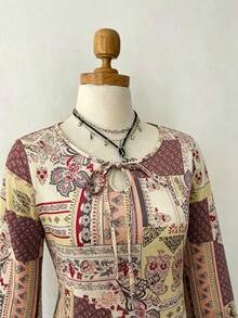 Lalippa Women Casual Retro All-Over Print Bell Sleeve T-Shirt Fall Cloth For Women - Multicolor - View 3