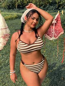Swim Mod 2026 New Spring/Summer Plus Size Women Knitted Jacquard Fabric Cute Style Sweet High Waist Pants Women Bikini Set, Suitable For Beach & Music Festival - Multicolor - View 3