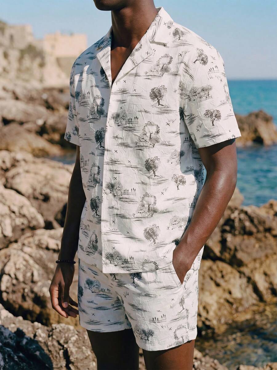 Palasendo Men's Vacation Tree Print Short Sleeve Shirt And Shorts Beach Outfit - Black and White - View 1