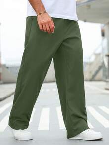 Manfinity Homme Plus Size Men's Casual Sports Solid Color Slant Pocket Pants - Army Green - View 3