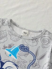 LOONEY TUNES X SHEIN GraphicGems 男童春夏时尚贝壳、珊瑚、贝壳印花弹力面料圆领舒适短袖T恤和短裤两件套紧身家居服套装 - 灰色 - 查看 4