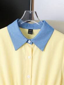 EMERY ROSE Đầm nữ tay ngắn cổ polo cài cúc phía trước, phối màu tương phản, kiểu dáng thường ngày, thích hợp cho mùa hè. - Vàng nhạt - Xem 5
