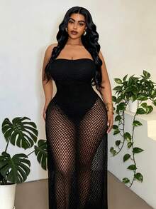 Maweii Plus Size Women's Sexy Fringed Hem Strapless Backless Hollow Waist Bodycon Dress, Suitable For Travel, Birthday Celebration, Holiday Party - Black - View 5