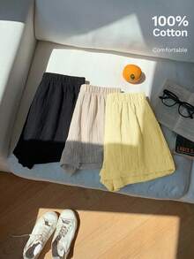 Comfortcana 3pcs Plus Size Solid Color Linen Comfortable Casual Shorts, Spring/Summer, 2pcs Soft Cotton Shorts Set Office Black Beige White - Multicolor - View 1