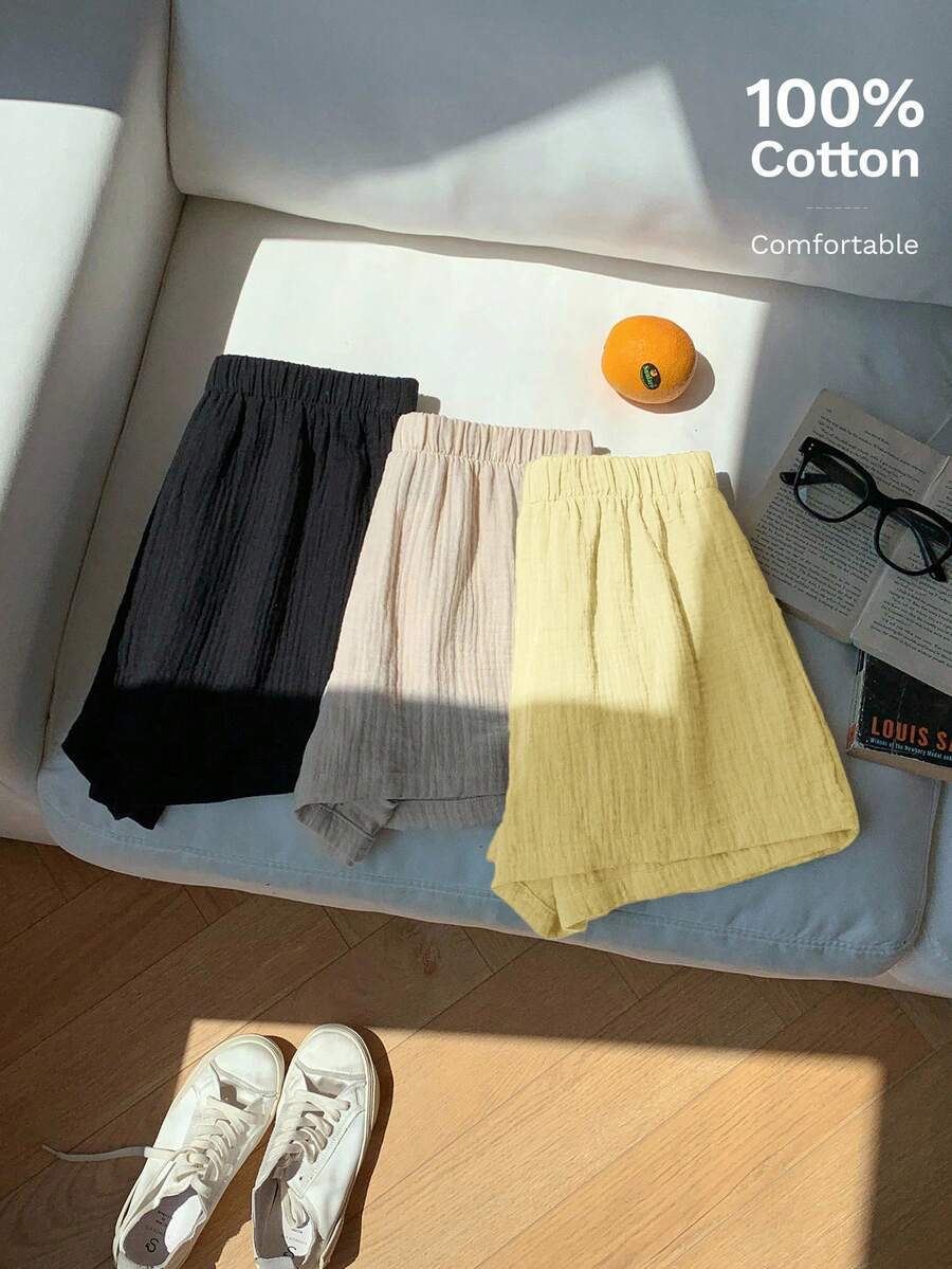 Comfortcana 3pcs Plus Size Solid Color Linen Comfortable Casual Shorts, Spring/Summer, 2pcs Soft Cotton Shorts Set Office Black Beige White - Multicolor - View 1