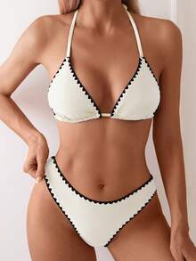 Swim Basics Women's Summer Contrast Color Trim Triangle Cup Halter & Contrast Color Trim Triangle Bottoms Swimwear Set - Beige - View 4