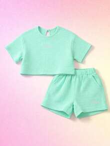 SUMWON Girls Mint Green Textured T-Shirt And Shorts Set With Pink Embroidered Text Detail Summer Casual Two Piece Outfit - Mint Green - View 1