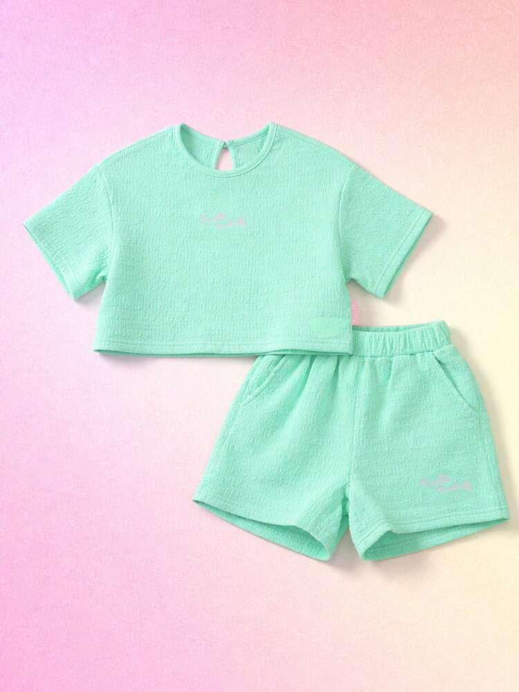 Girls Mint Green Textured T-Shirt And Shorts Set With Pink Embroidered Text Detail Summer Casual Two Piece Outfit