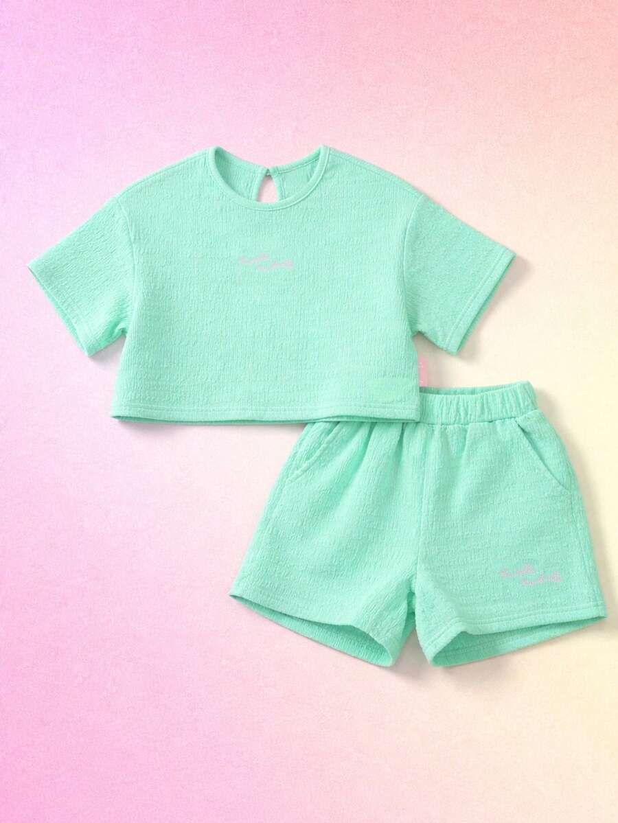 SUMWON Girls Mint Green Textured T-Shirt And Shorts Set With Pink Embroidered Text Detail Summer Casual Two Piece Outfit - Mint Green - View 1