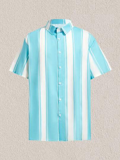 Mercer Haus Camisa casual de manga corta a rayas para hombres, ropa de hombre, azul cielo y blanco, verano